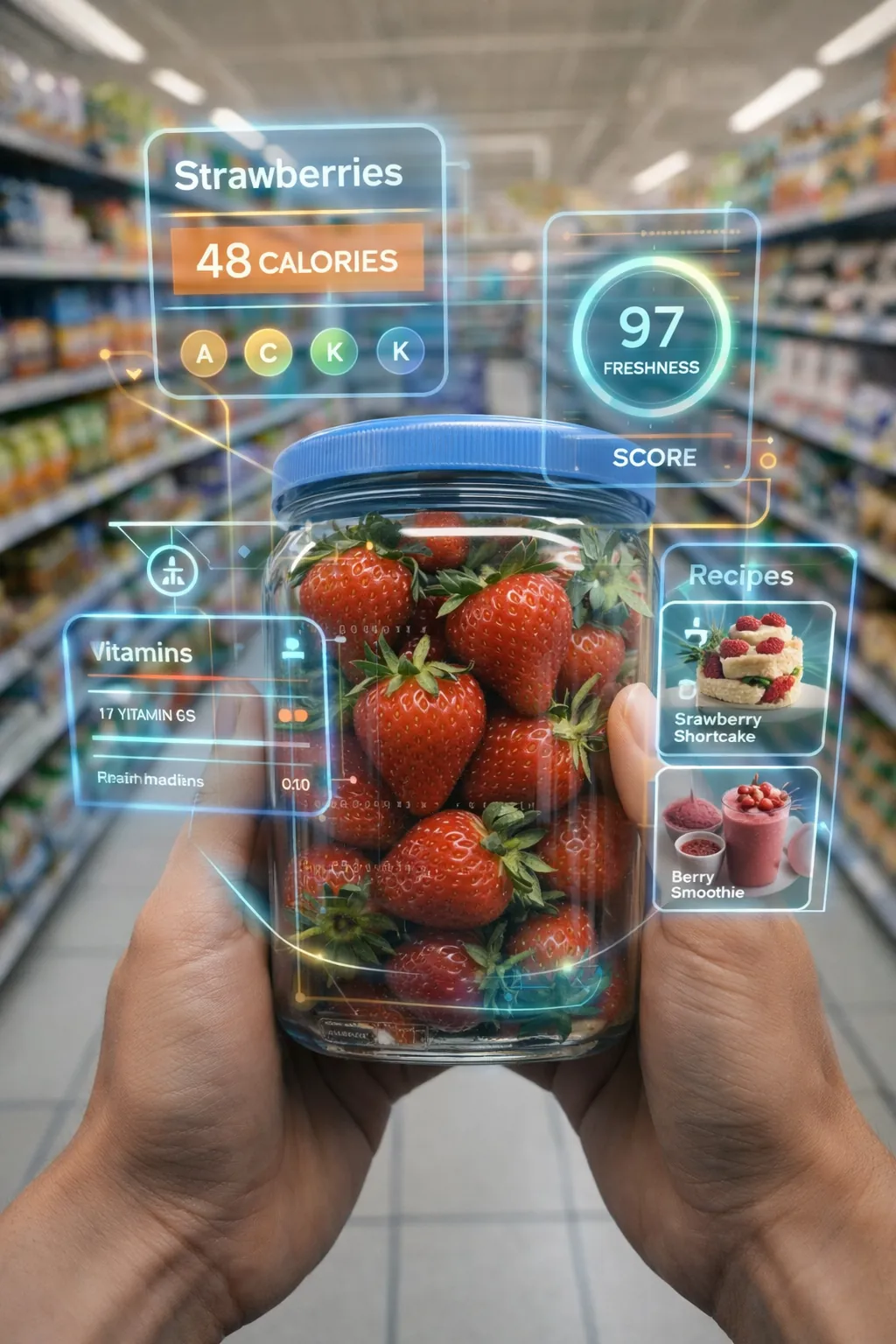 AR supermarket fruit scan, holographic nutrition display, smart shopping technology, futuristic grocery experience